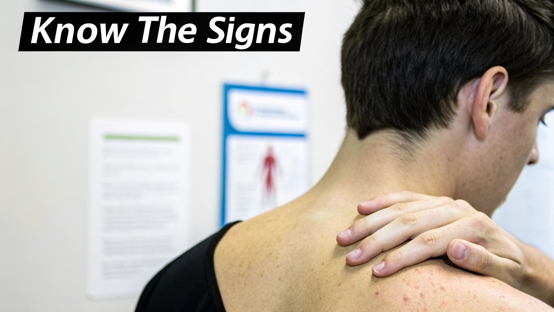 Person with red spots on their upper back and shoulder, touching the area, with 'Know The Signs' text.