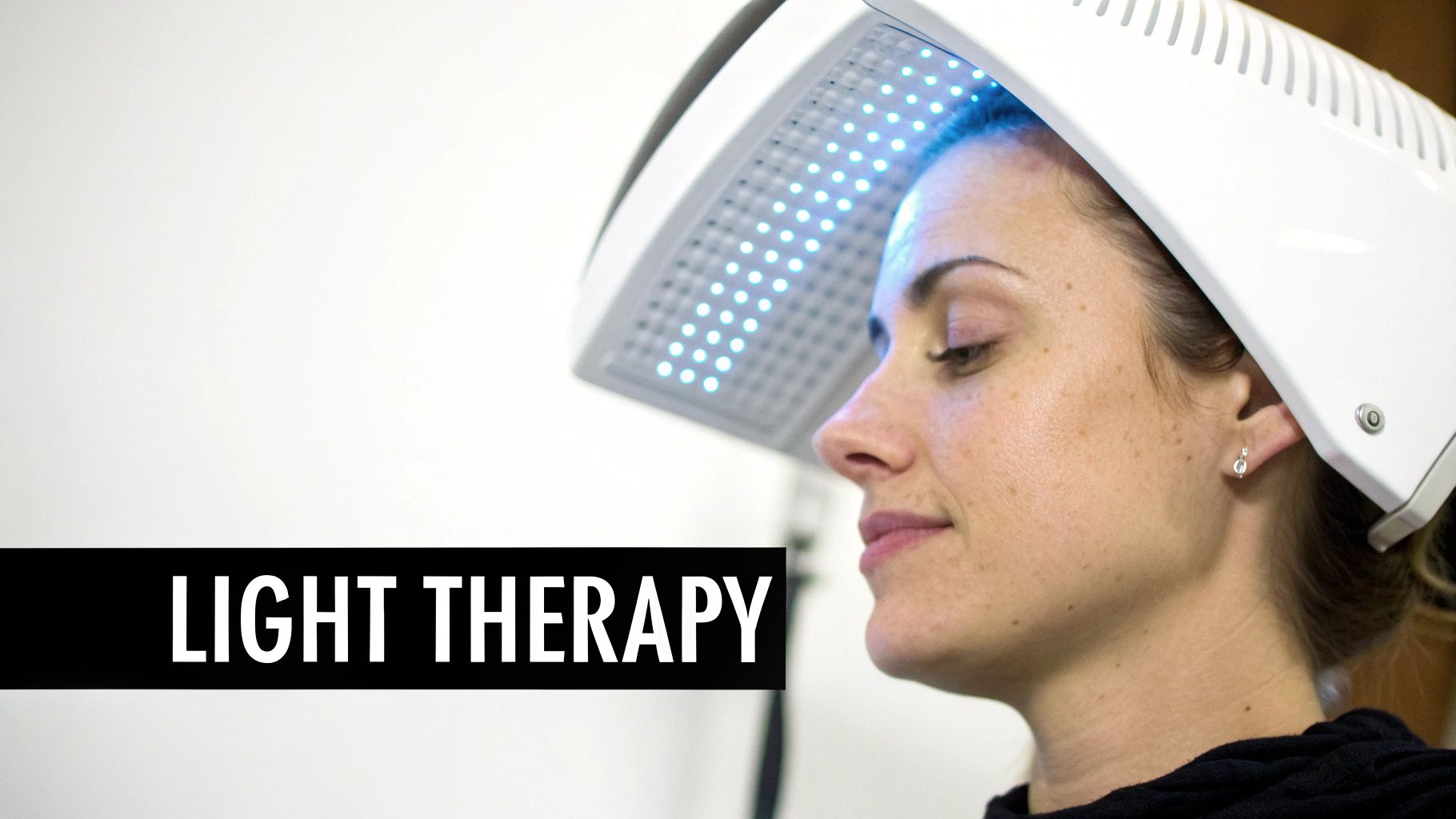 Side profile of a woman receiving light therapy on her head, featuring bright blue LED lights from a device.