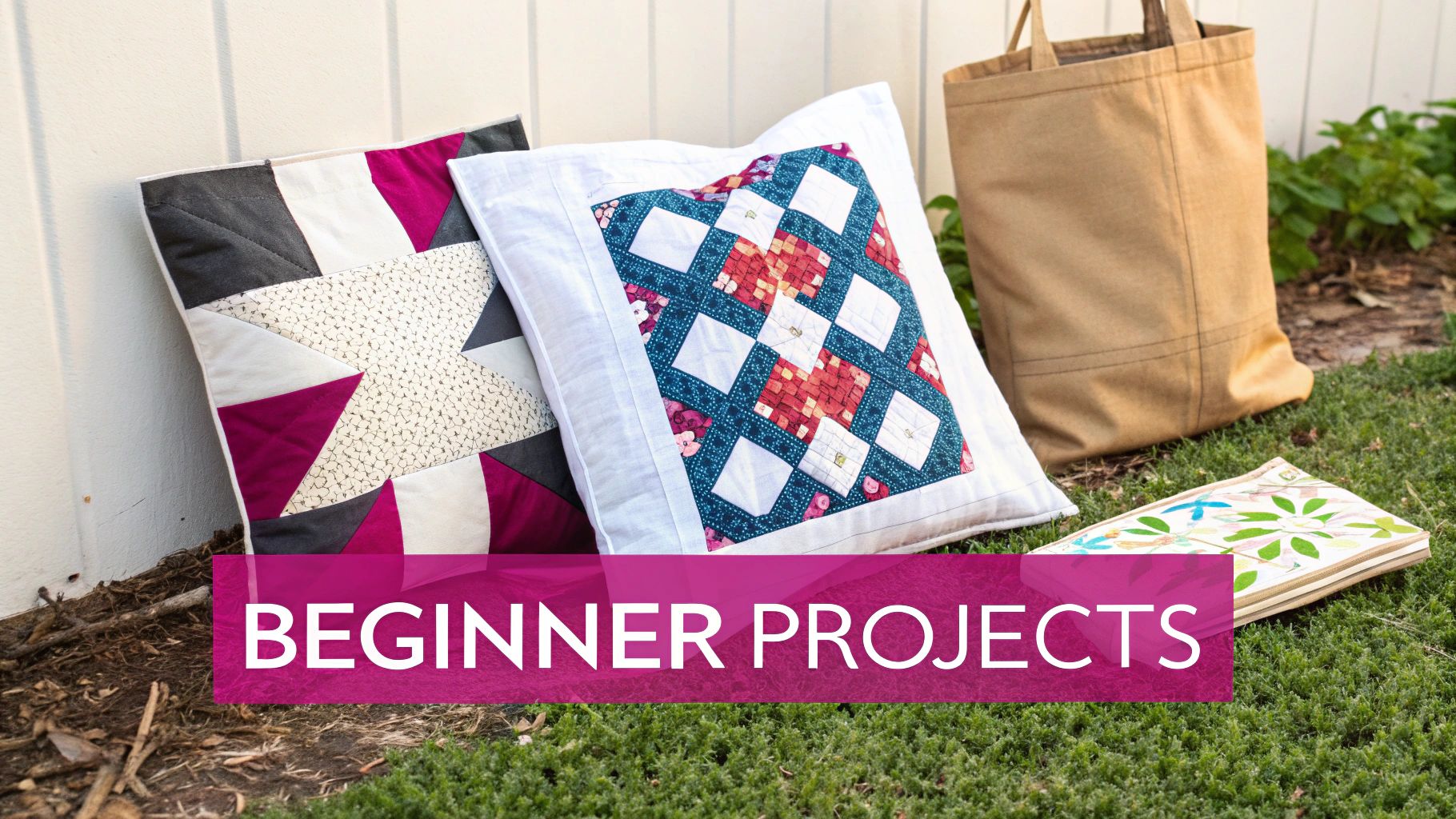 Two colorful quilted pillows, a brown tote bag, and craft supplies on grass for beginner projects.