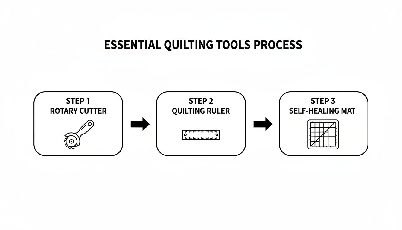 A three-step diagram illustrating essential quilting tools: rotary cutter, quilting ruler, and self-healing mat.
