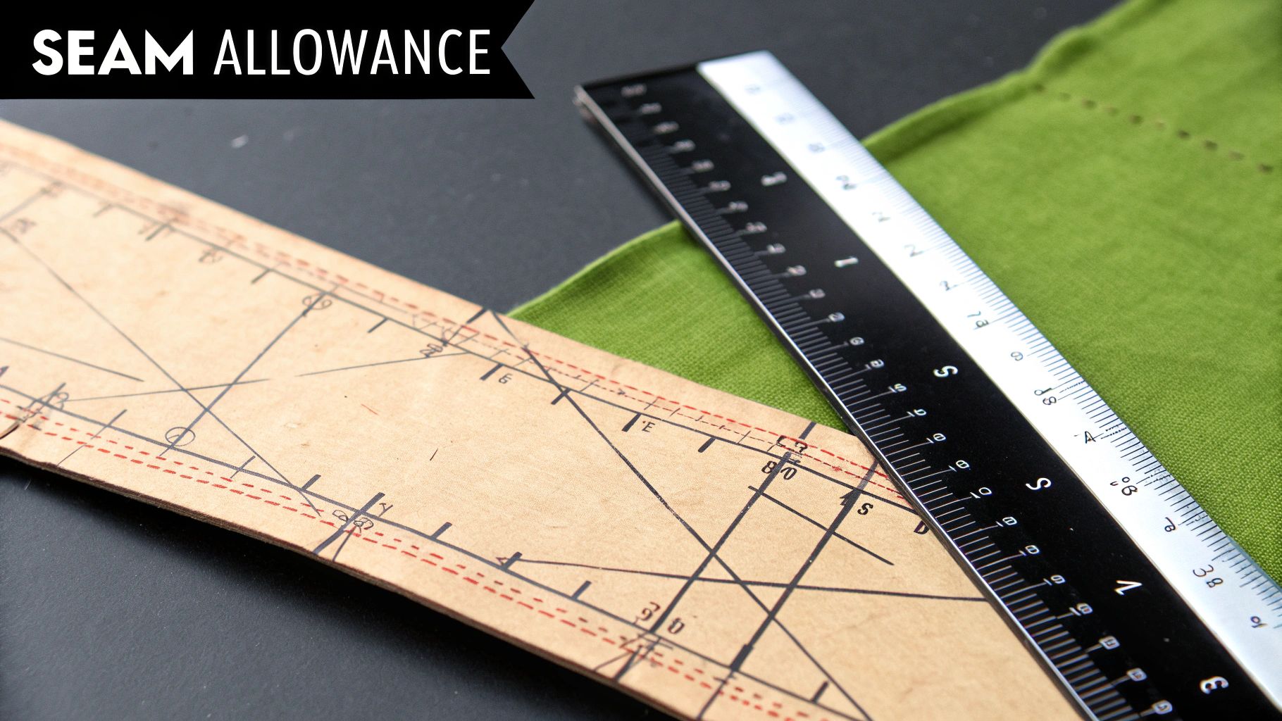 A sewing pattern piece with ease and seam allowance marked clearly.