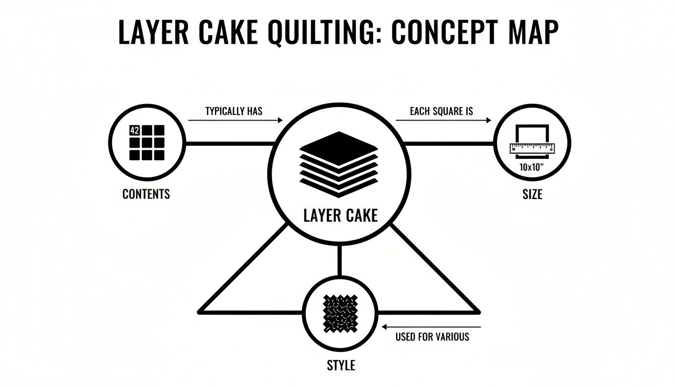 A concept map illustrating "Layer Cake Quilting" detailing its contents, size, and style.