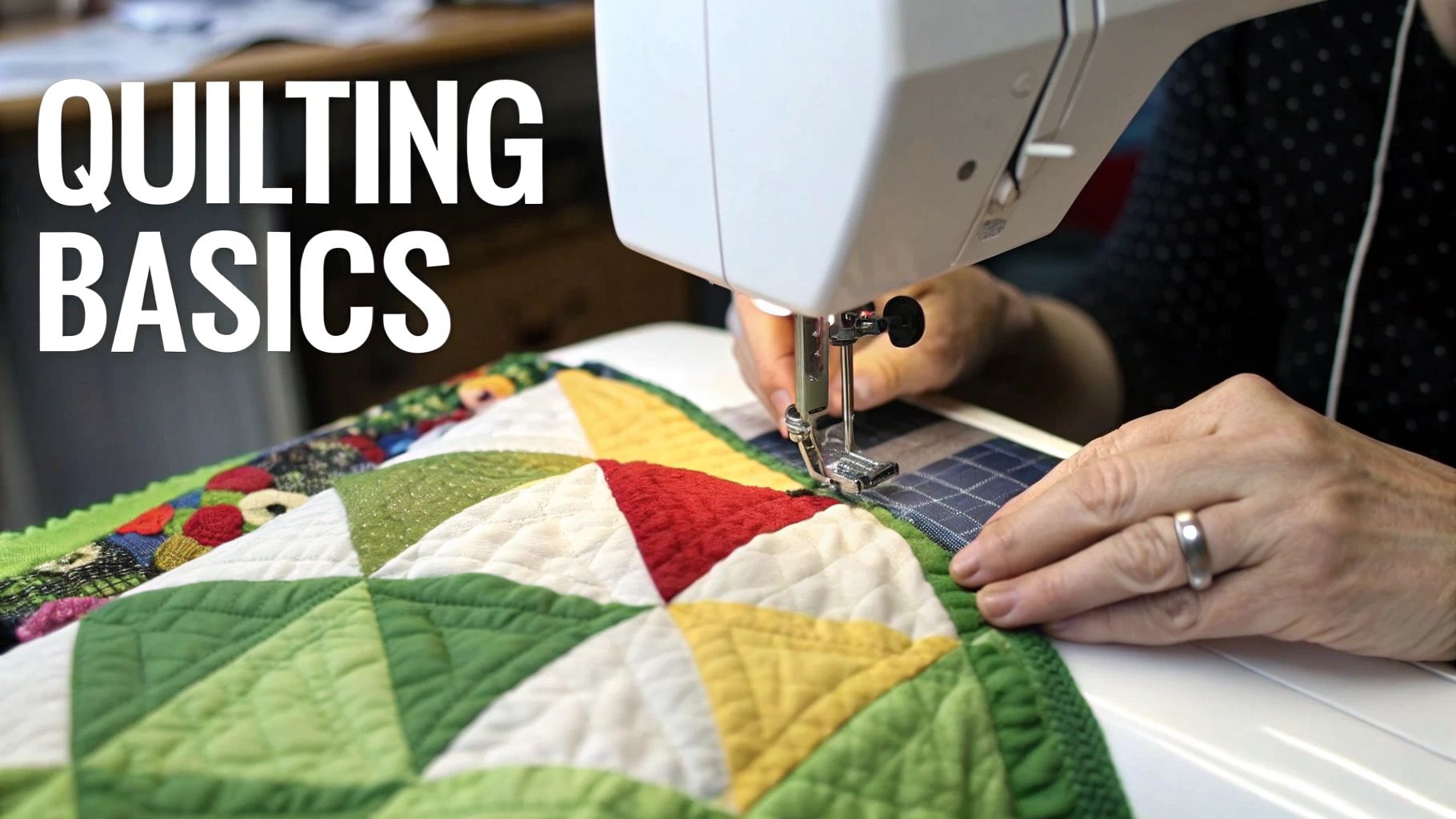 A person quilting on a sewing machine, showing colorful fabric and focused hands.
