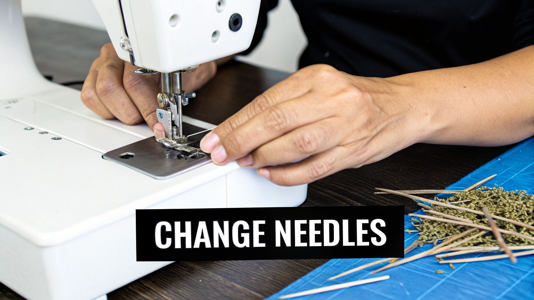 Someone replacing a sewing machine needle.