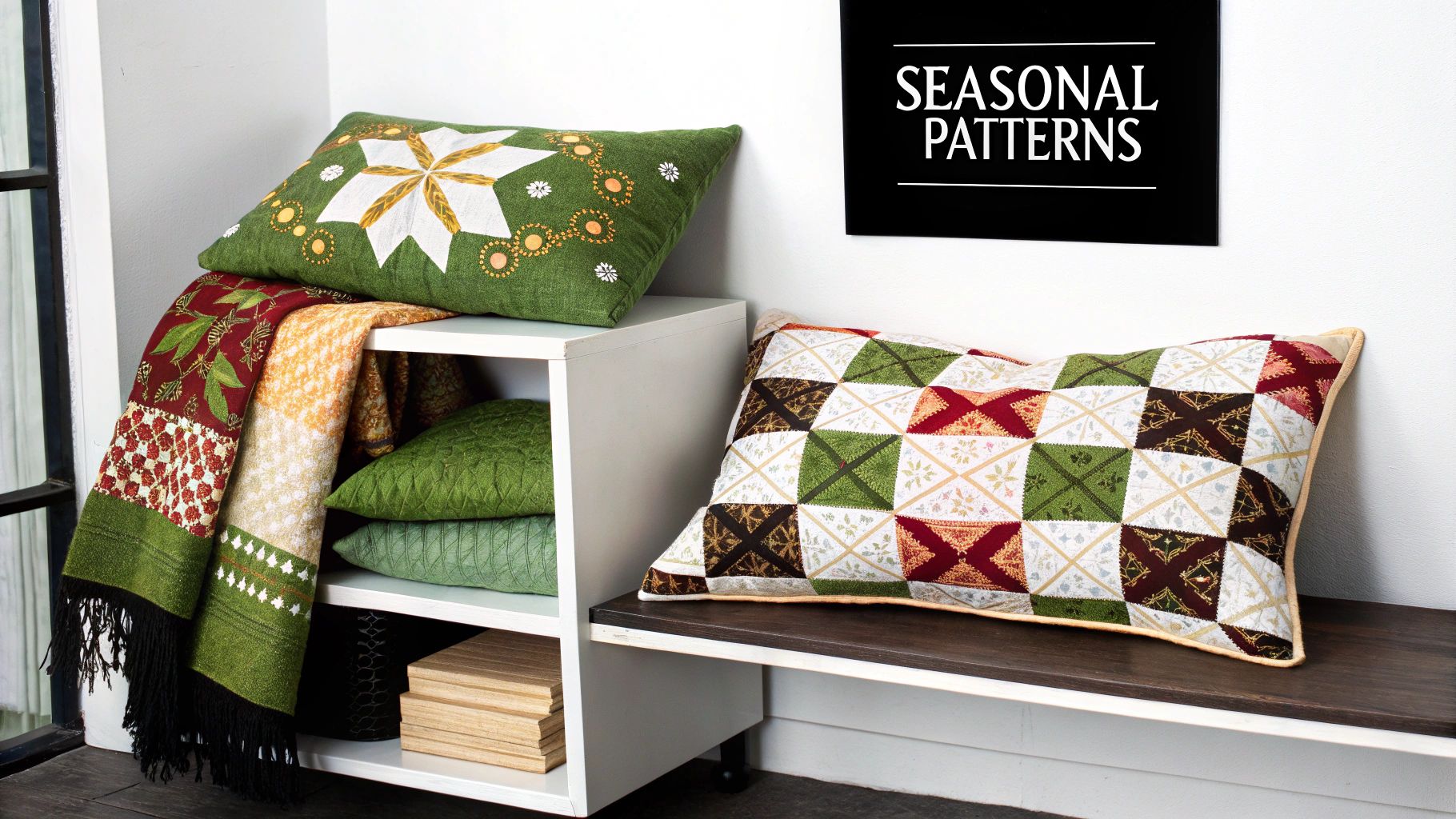 A vintage-style quilt with intricate patterns draped over a wooden chair.