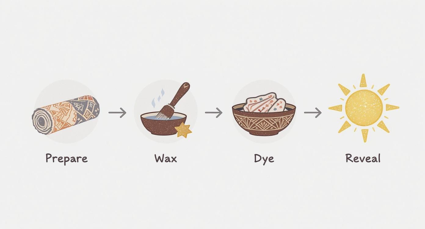 Infographic showing the batik process flow from preparing fabric, to applying wax, dyeing the cloth, and revealing the final design.