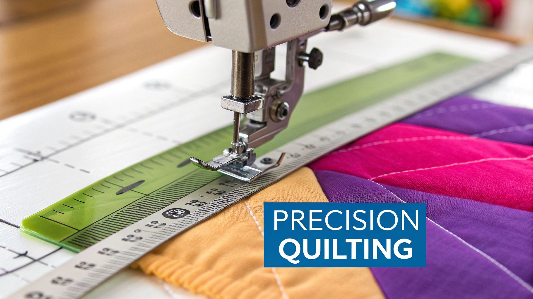 A quilter using a ruler quilting template to guide their sewing machine for a precise stitch pattern.