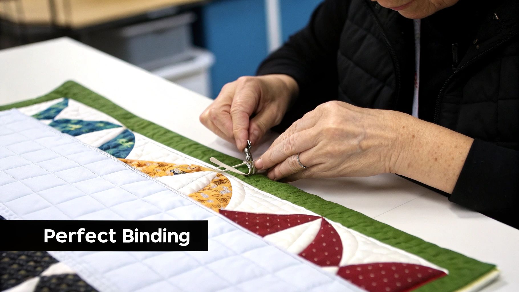 Close-up of hands meticulously hand sewing a colorful quilt binding with a tool on a white table.