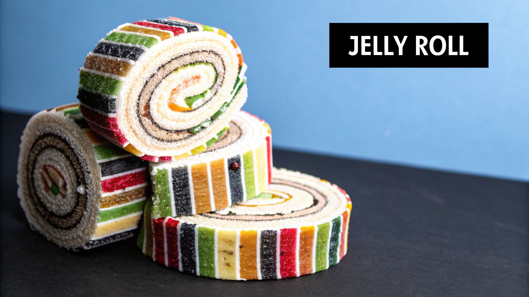 A colorful jelly roll of fabric sitting next to a partially completed quilt top