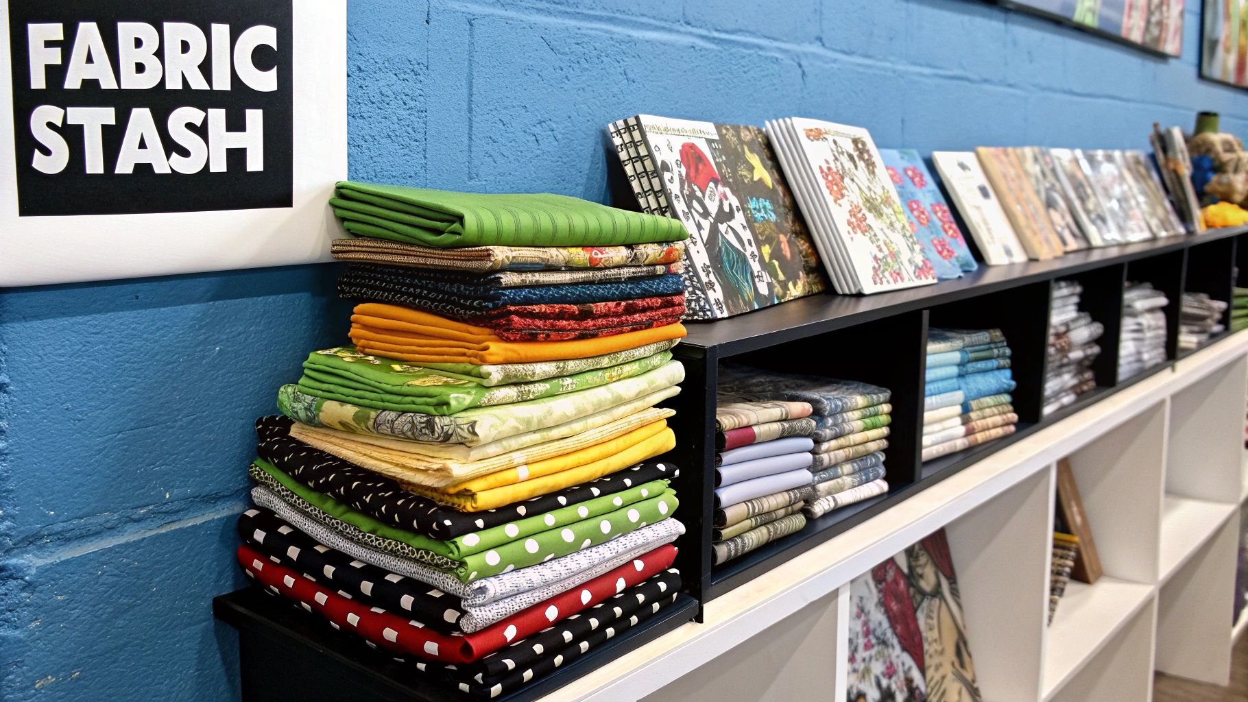 Fabric folded neatly on shelves.