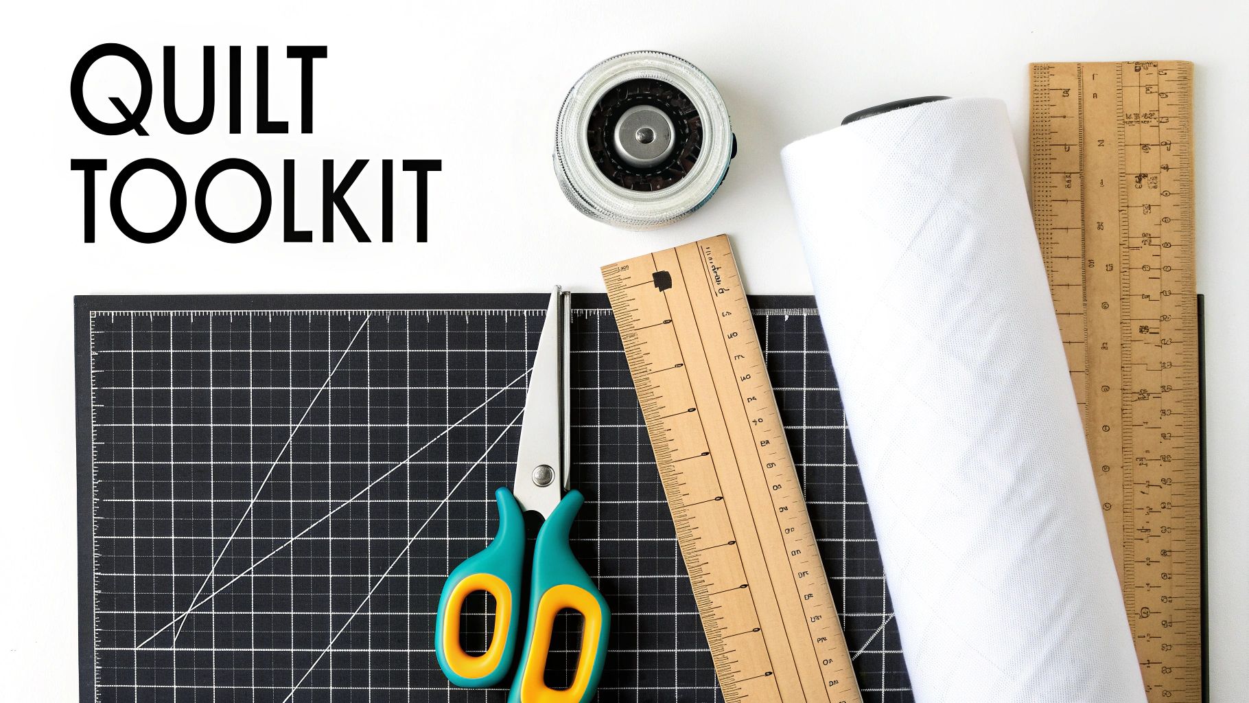 A flat lay of quilting tools: a cutting mat, scissors, rotary cutter, fabric, and rulers.