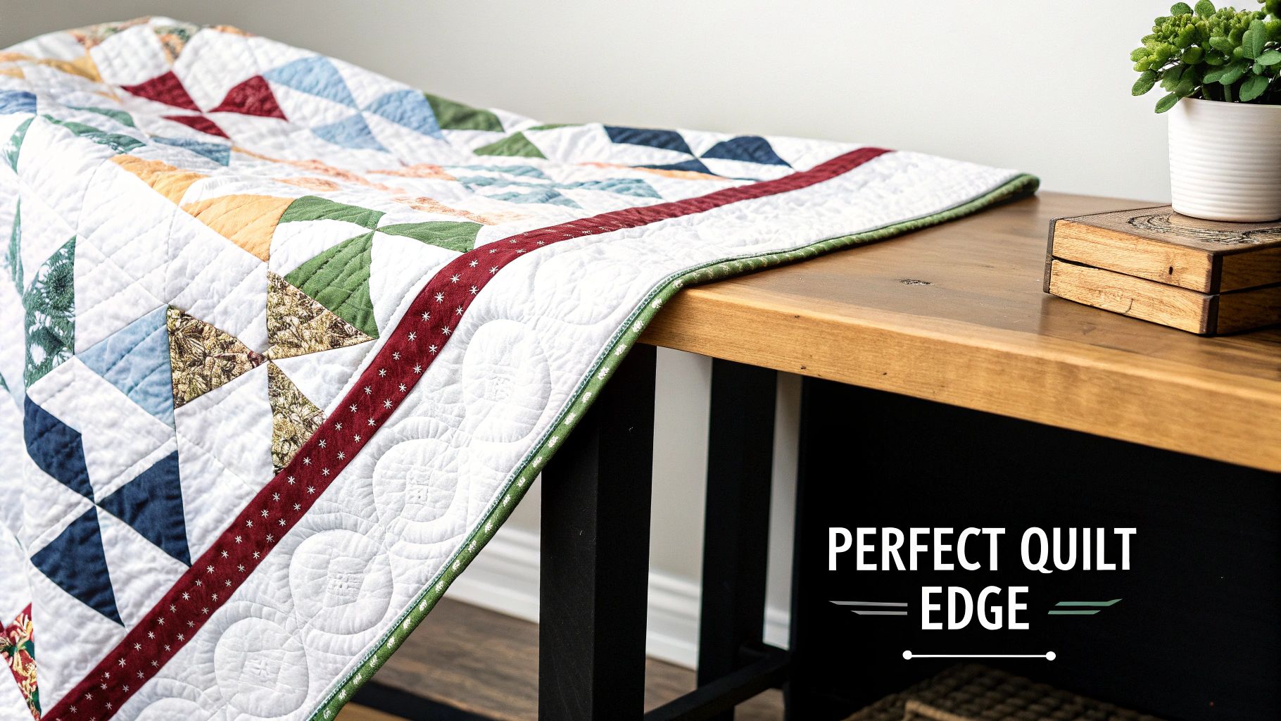 A colorful patchwork quilt with a red and green binding draped over a wooden table, showcasing its perfect edge.
