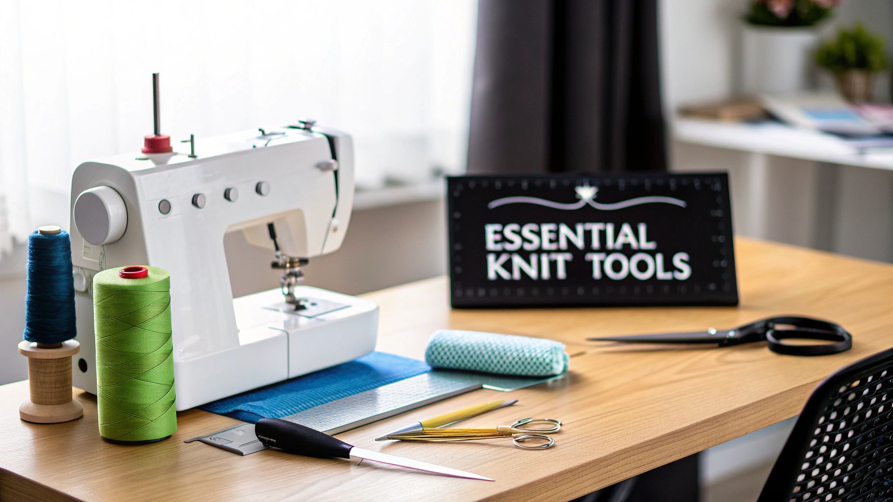 A sewing machine, spools of green and blue thread, and various craft tools are arranged on a wooden desk, with a sign in the background that reads "ESSENTIAL KNIT TOOLS."