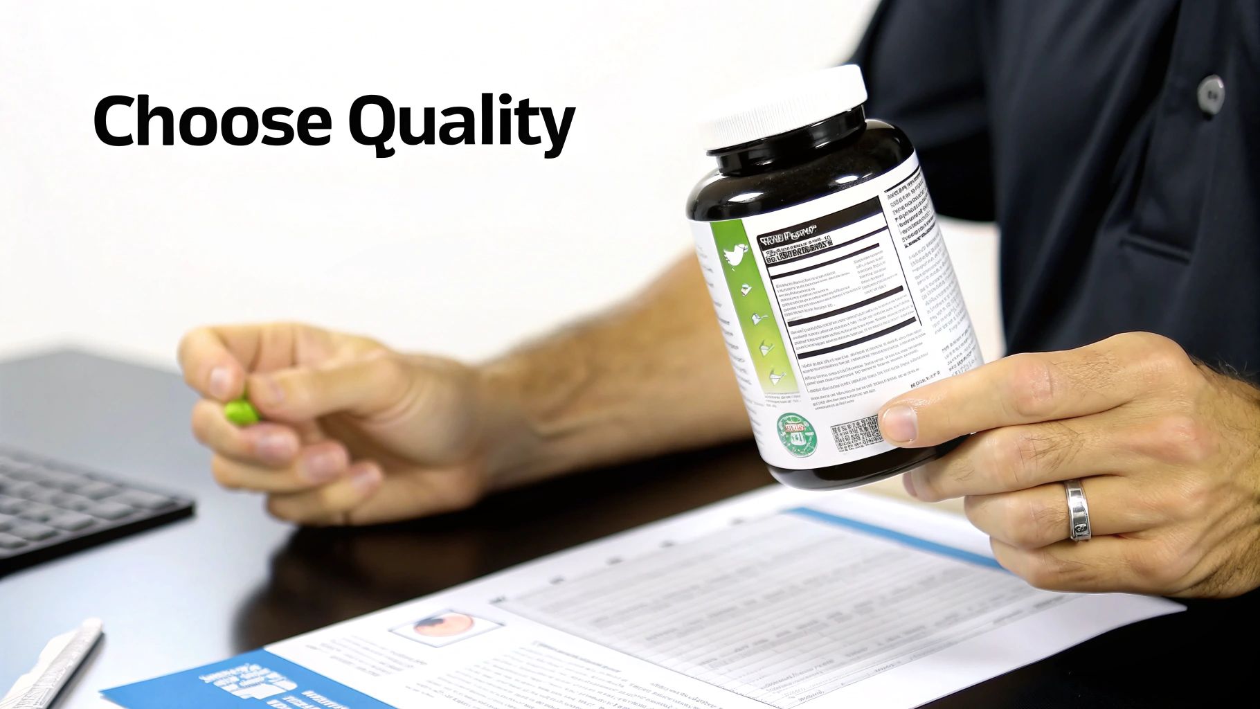 Close-up of a person's hands examining a supplement bottle label with 'Choose Quality' text.