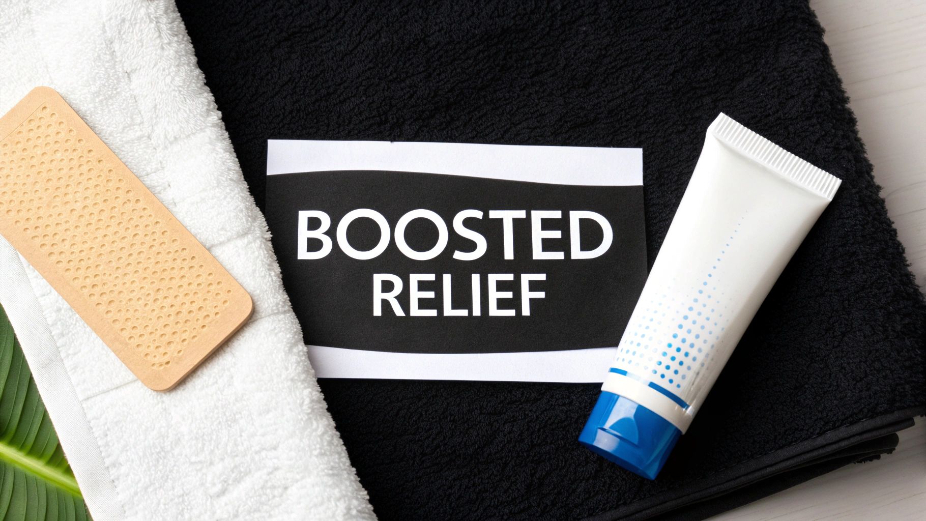 A white and black towel with a cream tube, a foot file, and 'BOOSTED RELIEF' card.