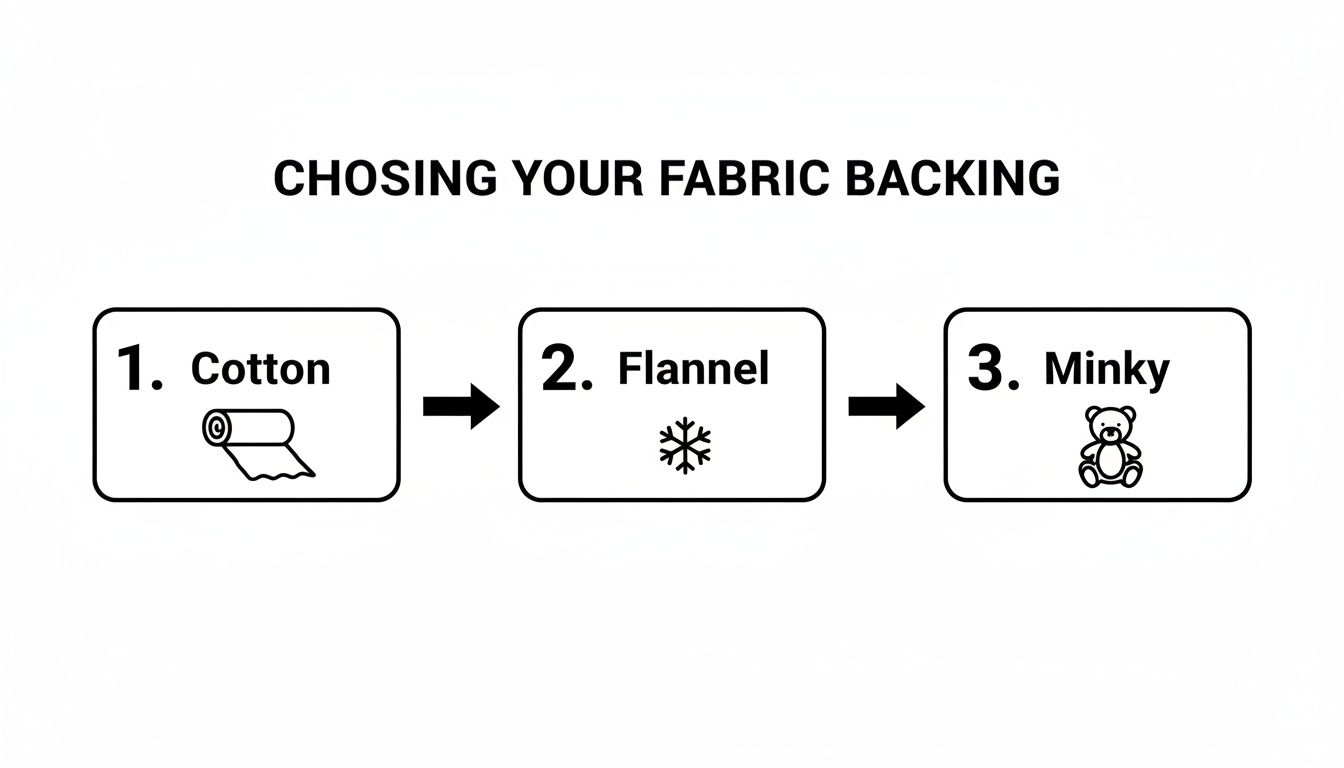 Infographic showing three choices for fabric backing: 1. Cotton, 2. Flannel, and 3. Minky.
