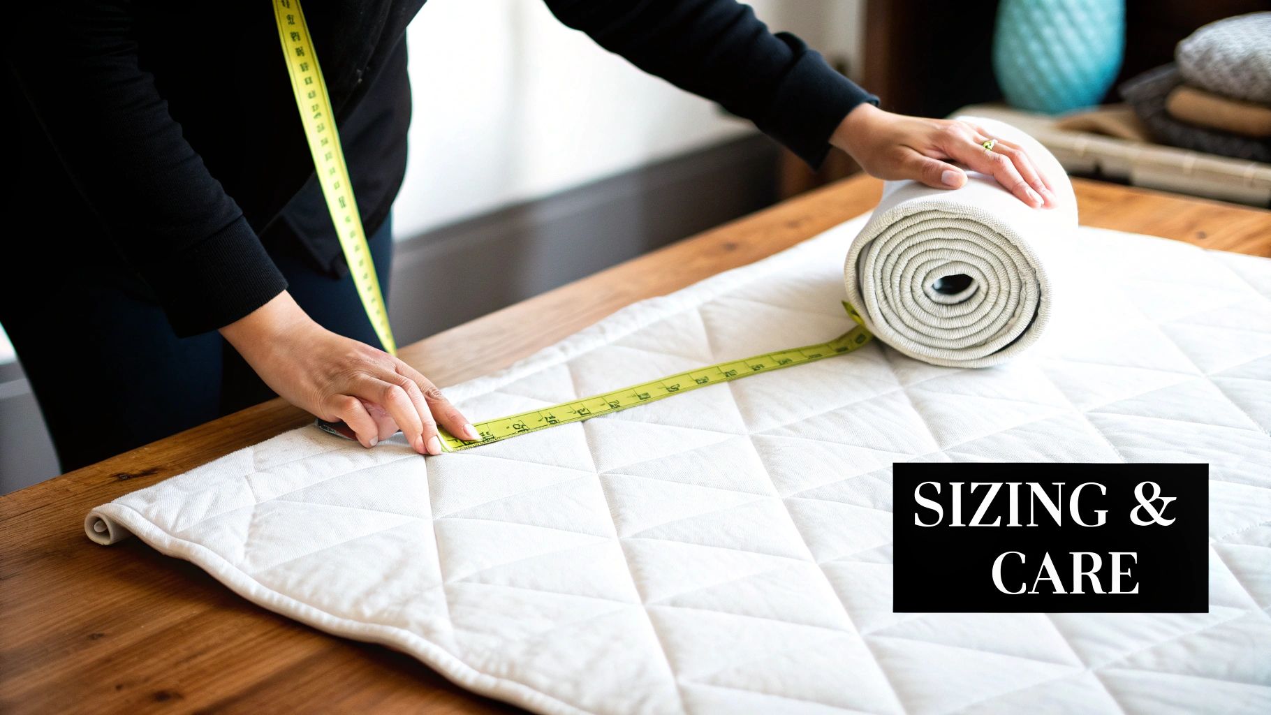 Hands measure white quilted fabric with a yellow tape measure, with a rolled mat and "Sizing & Care" text.