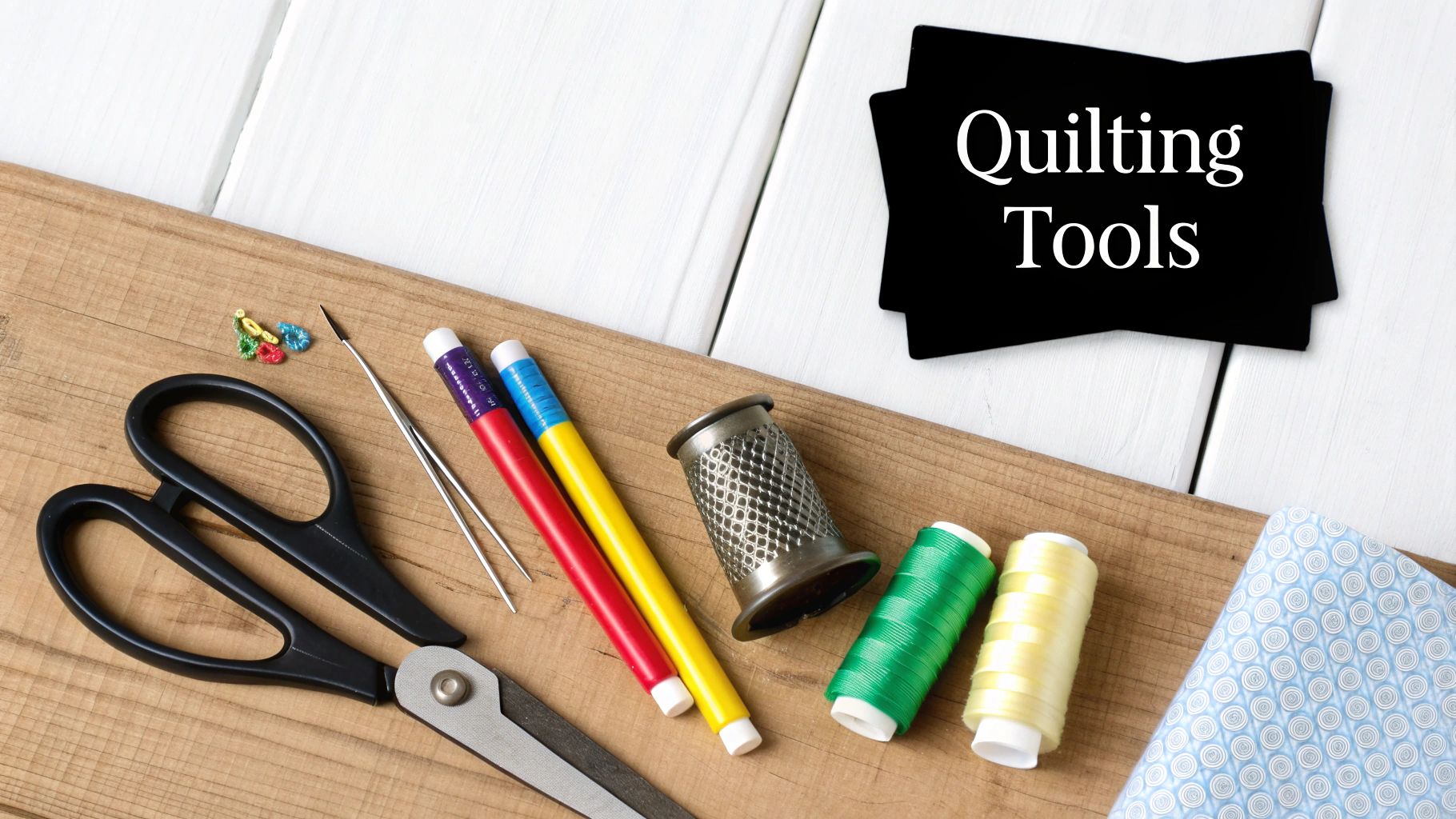 A collection of colorful threads, scissors, and other quilting notions neatly arranged on a wooden surface.