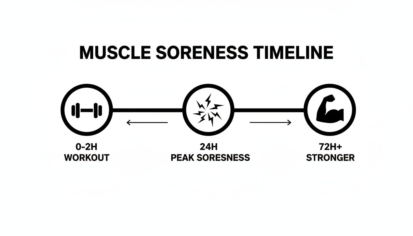 Timeline illustrating muscle soreness progression: workout, peak soreness, and muscle strengthening over 72 hours.