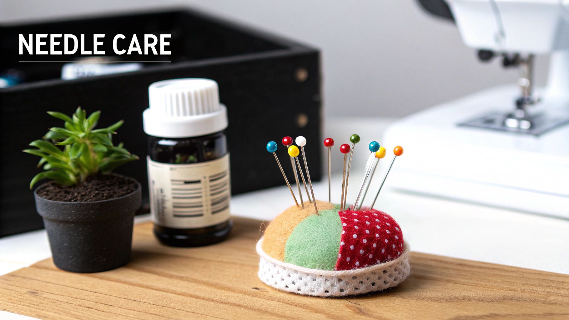 A colorful pincushion with sewing pins, a small plant, and bottle on a wooden table, with "NEEDLE CARE" text.