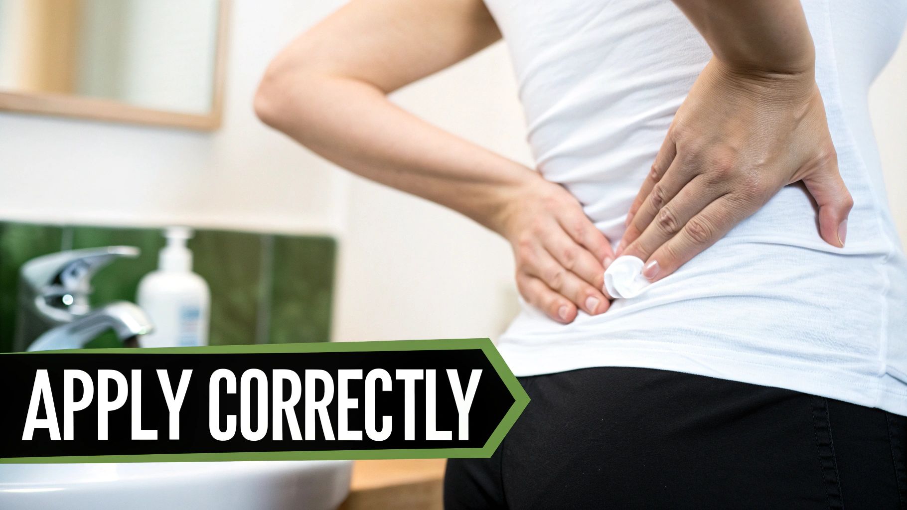 A person's hands on their lower back, applying a white object, with text 'APPLY CORRECTLY'.