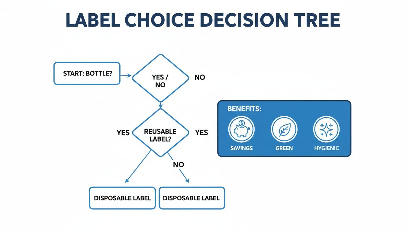 Label choice decision tree flowchart shows options for bottles, reusable labels, and disposable labels, with benefits.