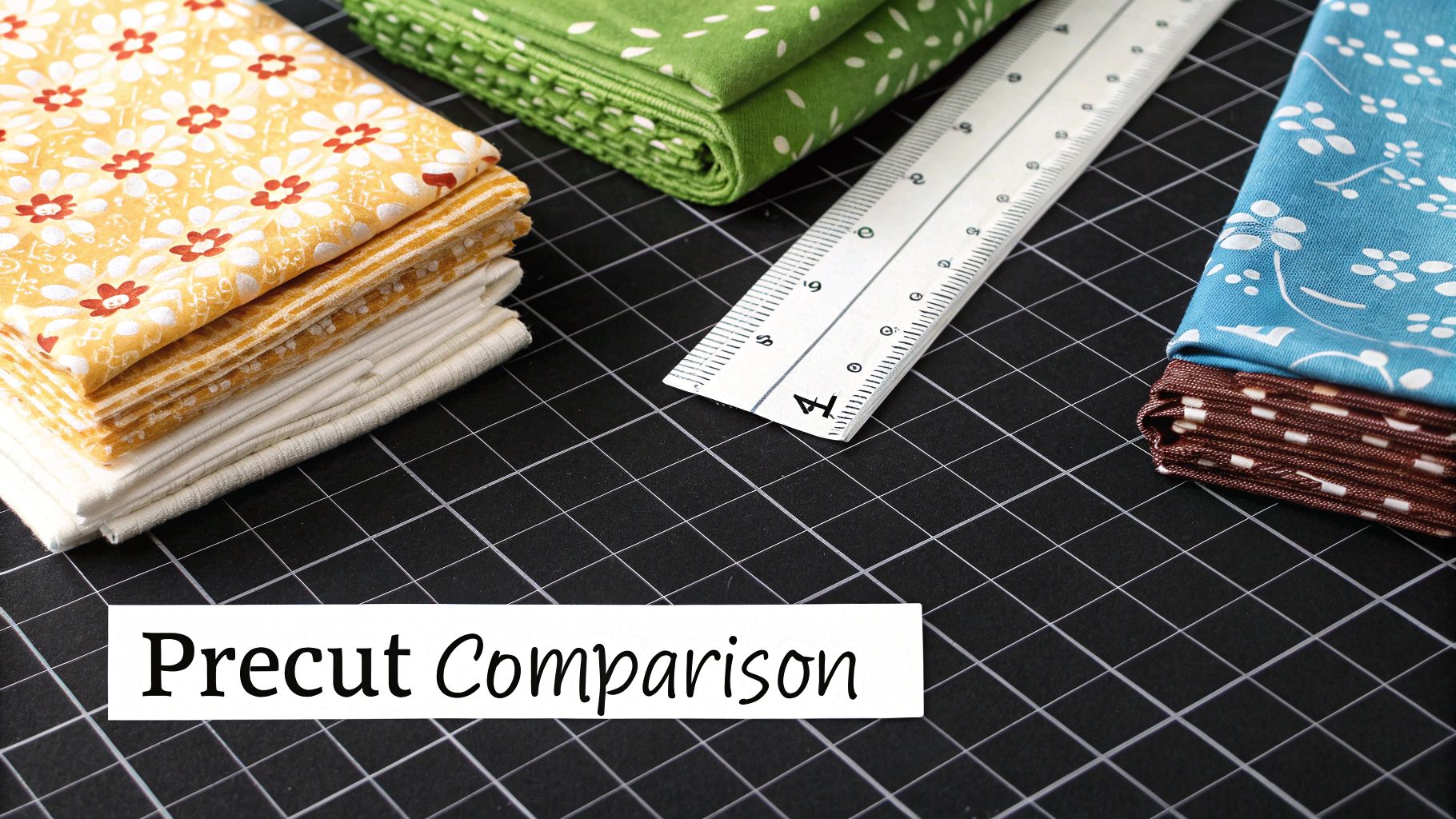 Stacks of colorful precut fabrics and a ruler on a black cutting mat with 'Precut Comparison' text.