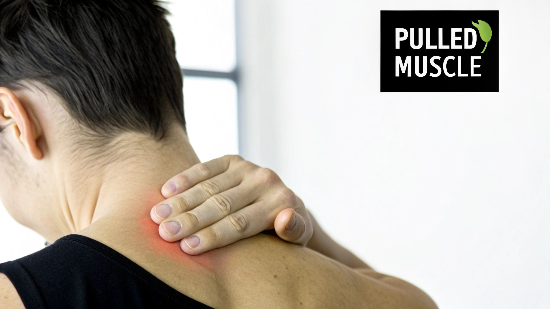 A person from behind holds their upper back/neck area, indicating pain or muscle strain with a red spot.