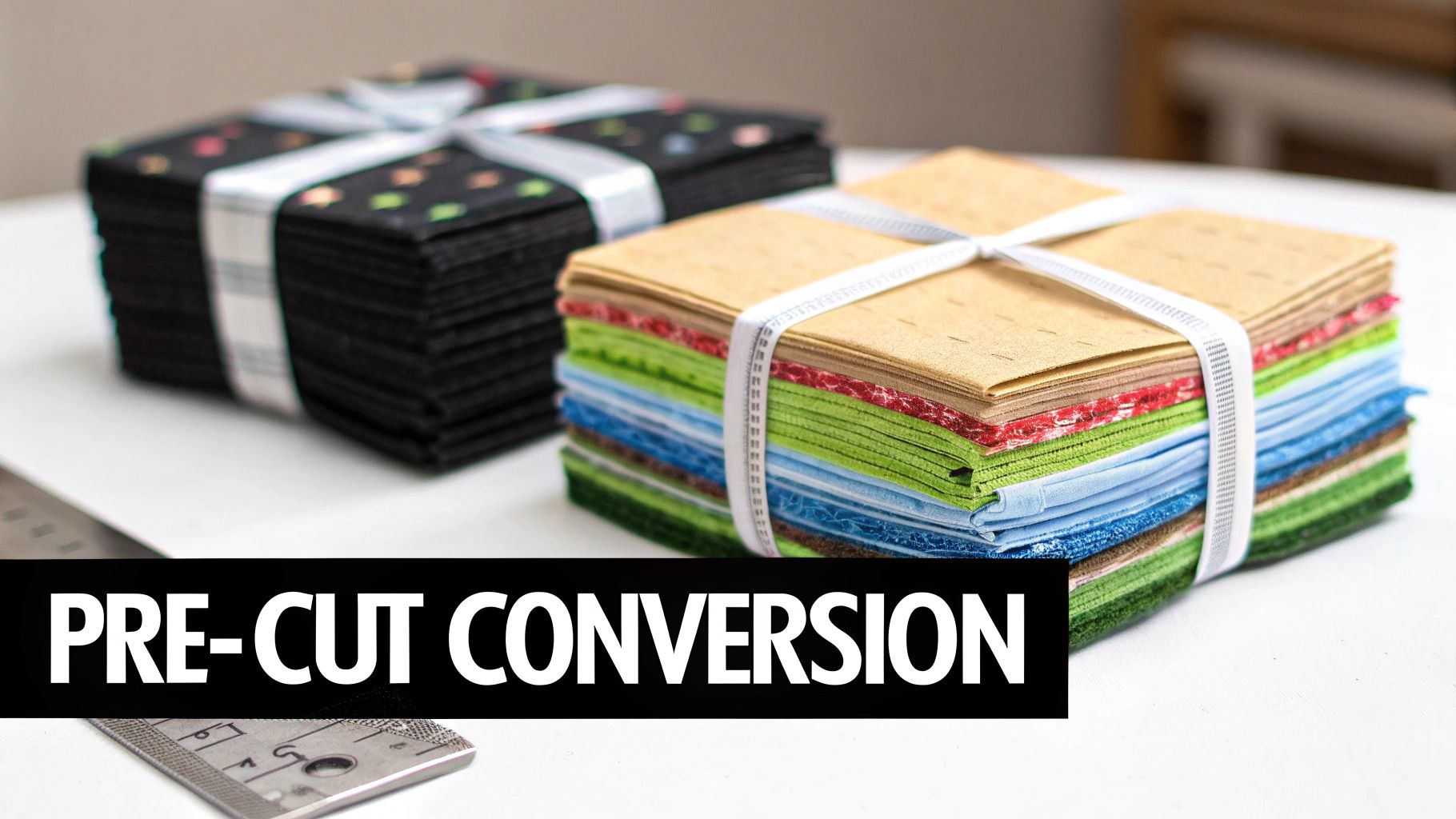 A colorful assortment of precut fabrics, including jelly rolls, charm packs, and layer cakes, neatly arranged.