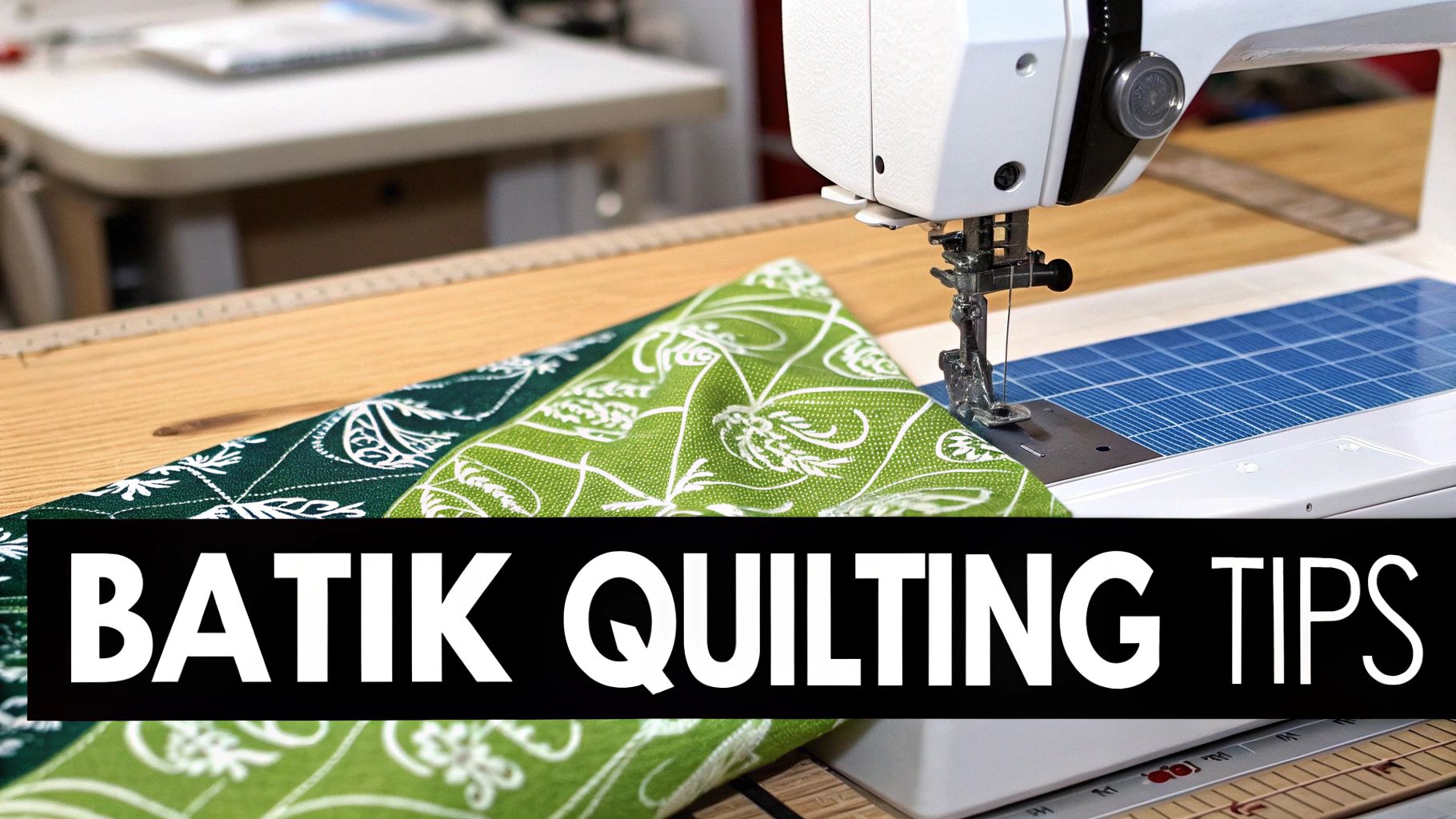 Close-up of a sewing machine working on green batik patterned fabric, with 'BATIK QUILTING TIPS' overlay.