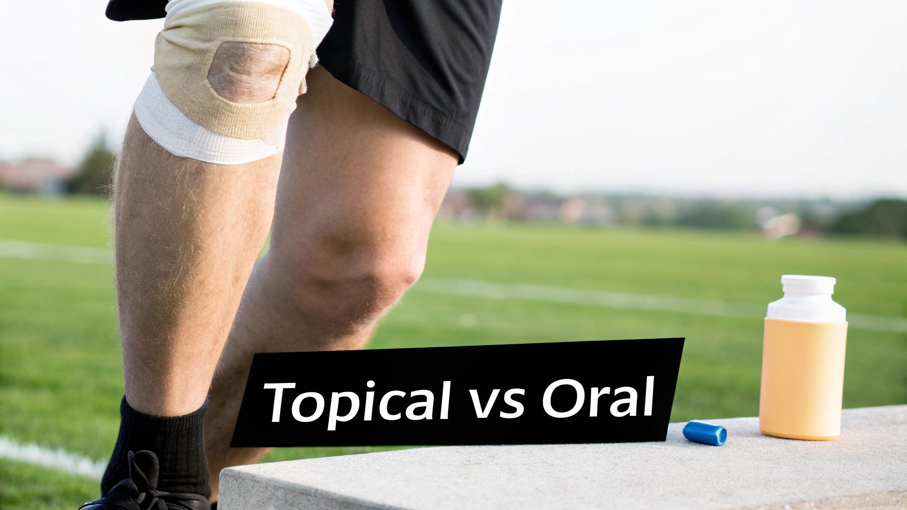 Athlete with knee brace on field, a medication bottle, and text 'Topical vs Oral' contrasting treatments.