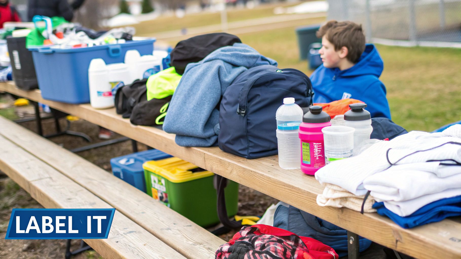 A wooden picnic table filled with various camp supplies, including clothes, backpacks, and water bottles, with a boy in a blue hoodie sitting on the right.