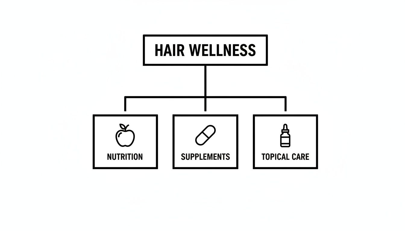 A diagram outlining hair wellness factors: nutrition (apple), supplements (pill), and topical care (dropper bottle).