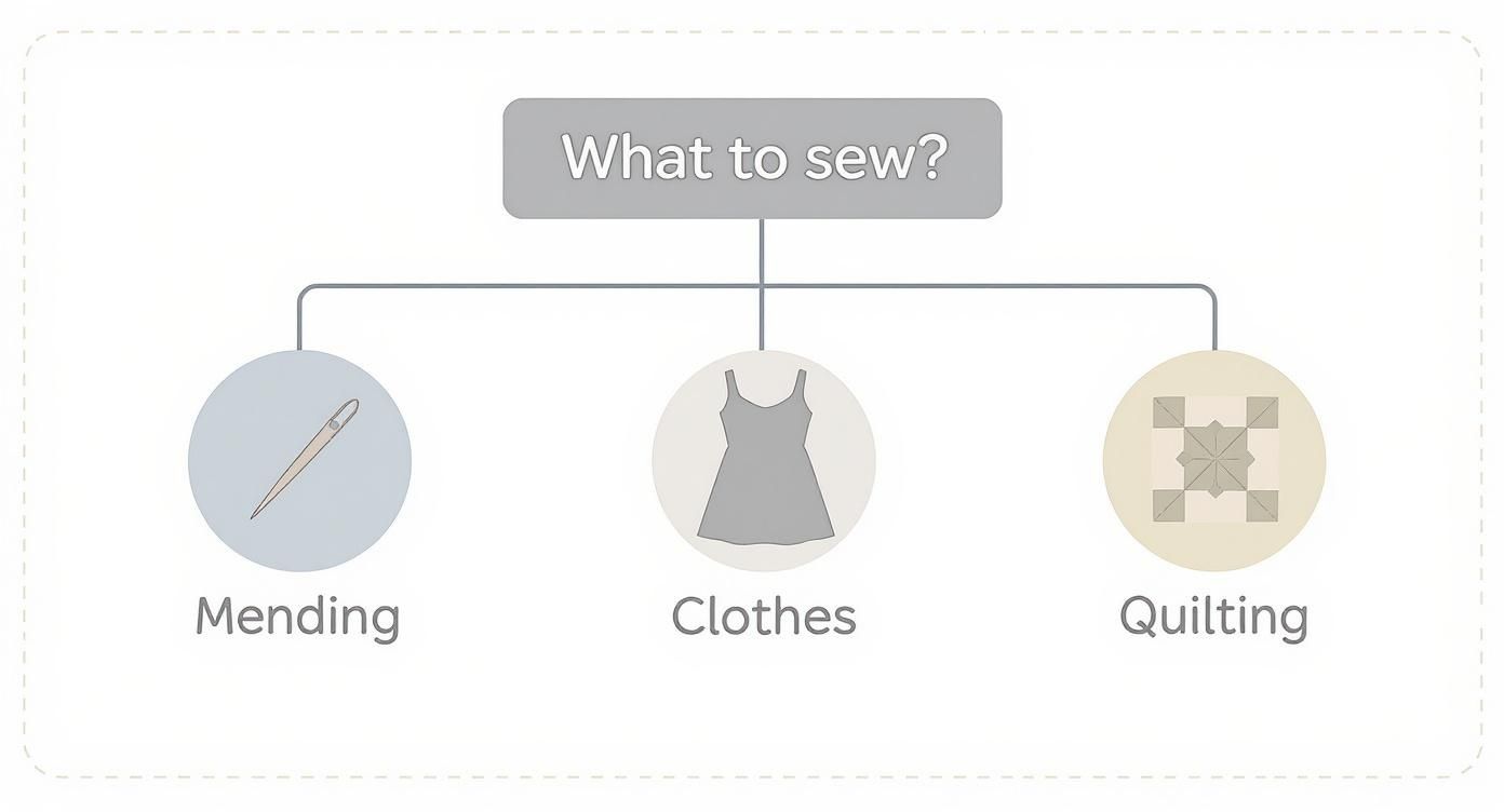 Flowchart showing three sewing project options: mending with needle, making clothes, and quilting patterns