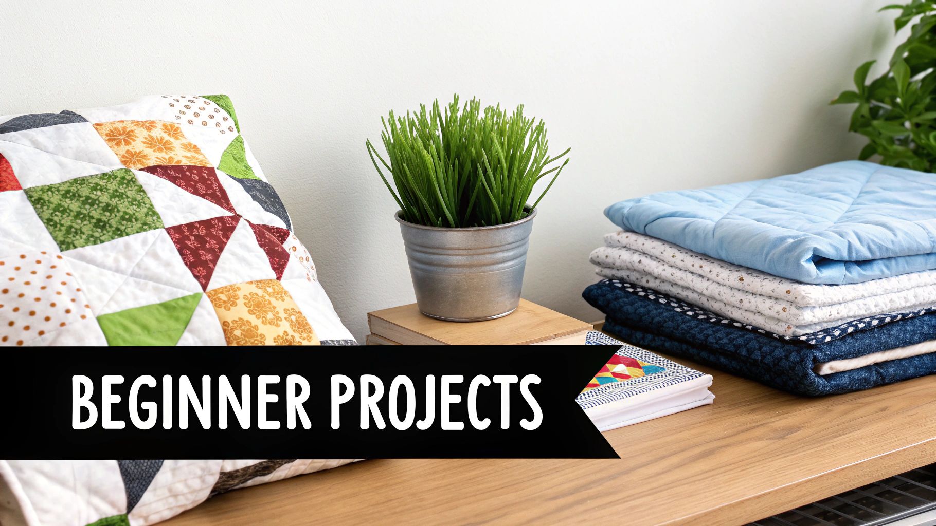 A colorful patchwork quilt and a stack of blue and white quilted blankets on a wooden table, suggesting beginner projects.