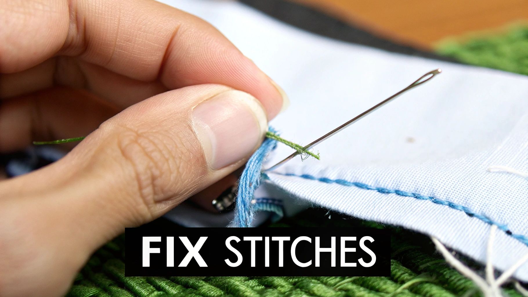 Close-up of hand sewing needle with green and blue thread repairing fabric stitches