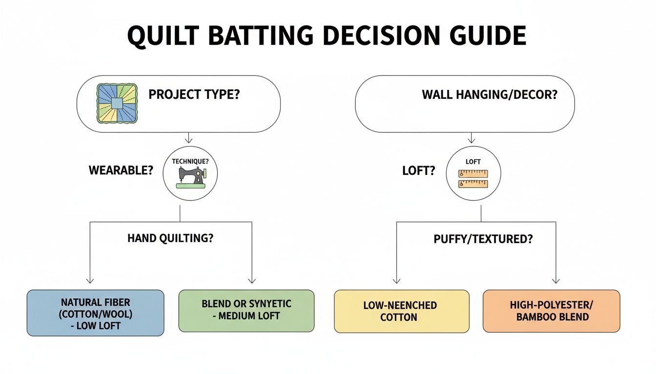 A flowchart titled 'Quilt Batting Decision Guide' showing options based on project type, technique, and loft.