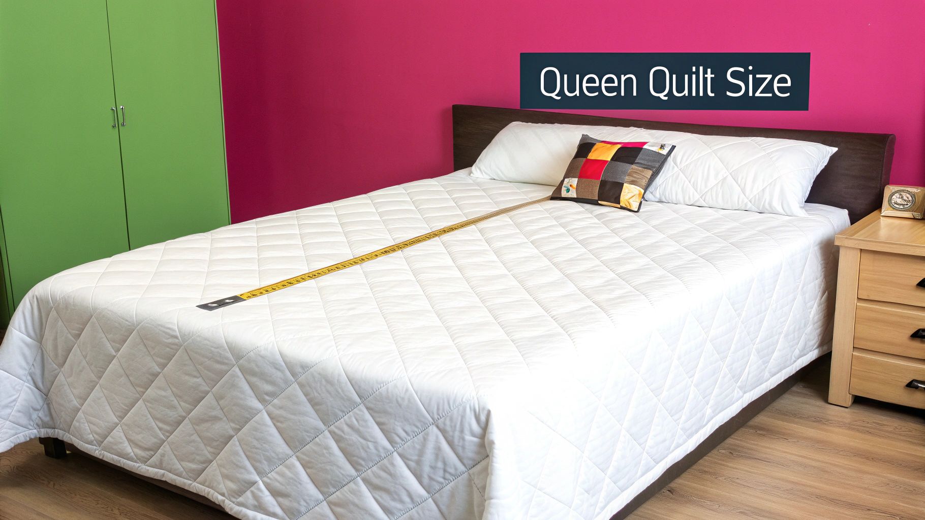 A white quilted bedspread on a queen-size bed, with a measuring tape demonstrating quilt dimensions.