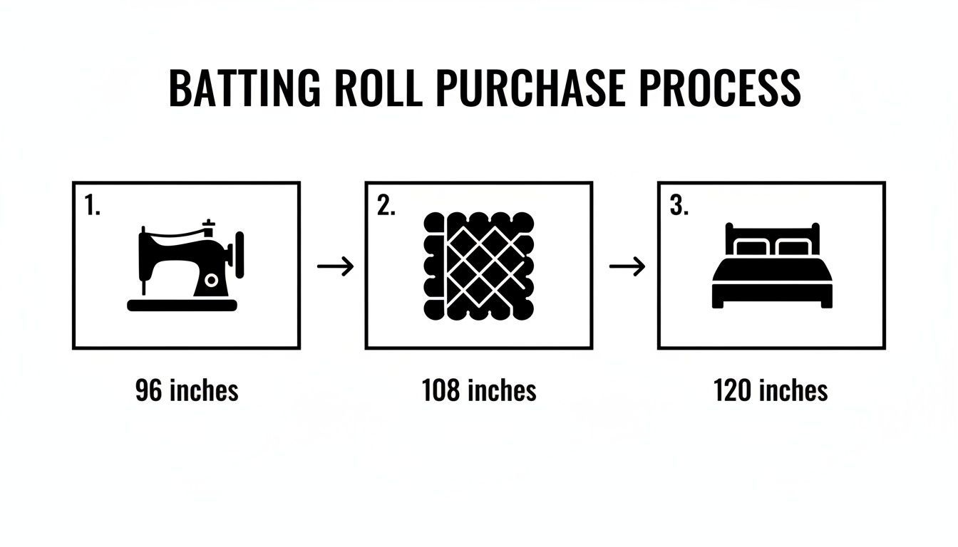 Diagram showing batting roll purchase process: sewing (96 inches), quilting (108 inches), and a finished bed (120 inches).
