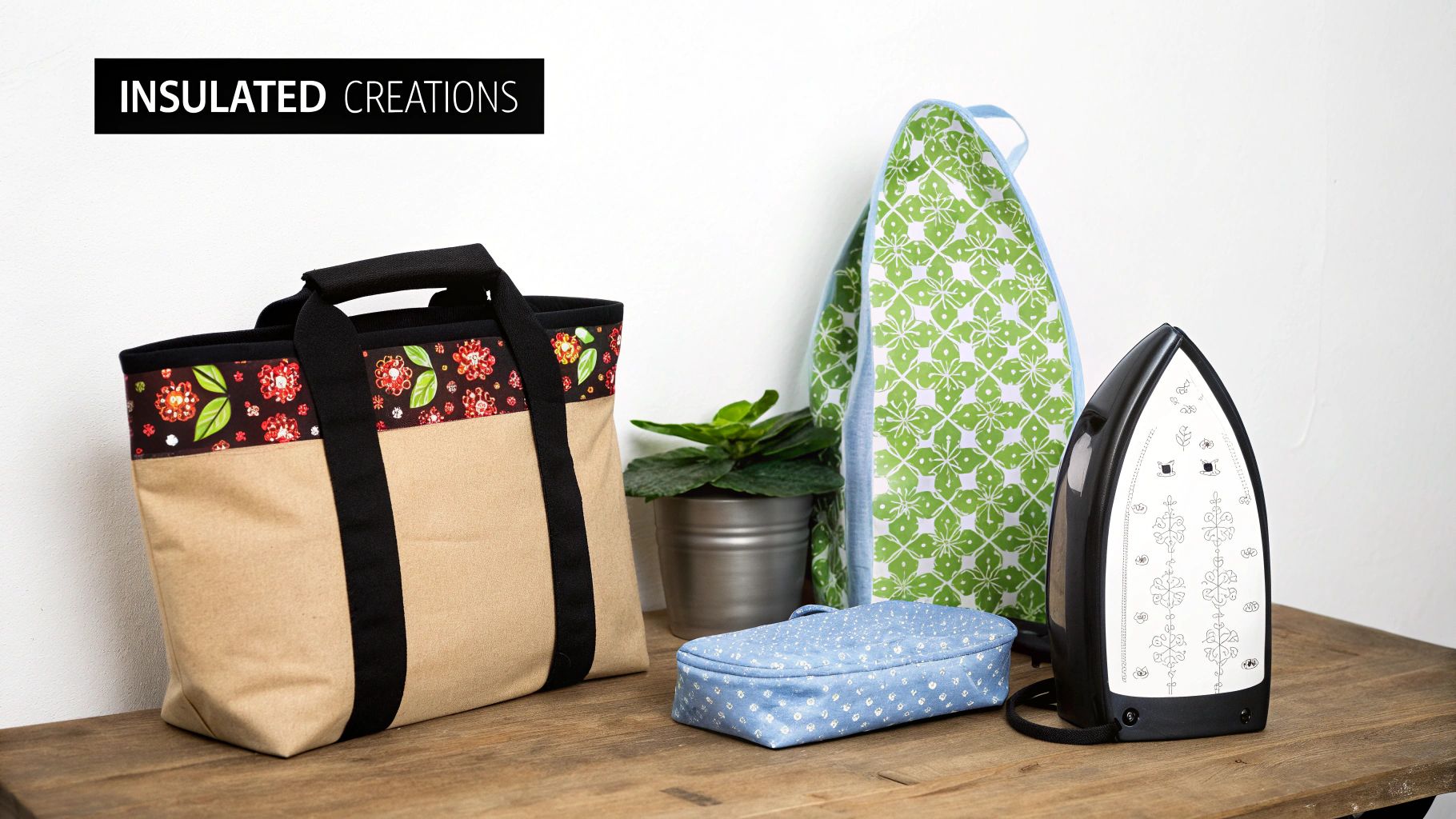 A collection of insulated craft items, including a floral tote bag, iron cover, and small pouch, on a wooden table.