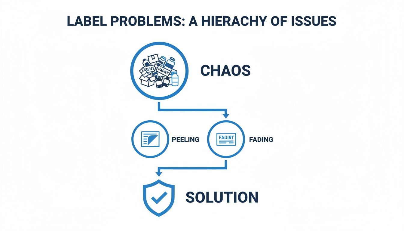 A flowchart illustrating label problems, from chaos to specific issues like peeling and fading, leading to a solution.