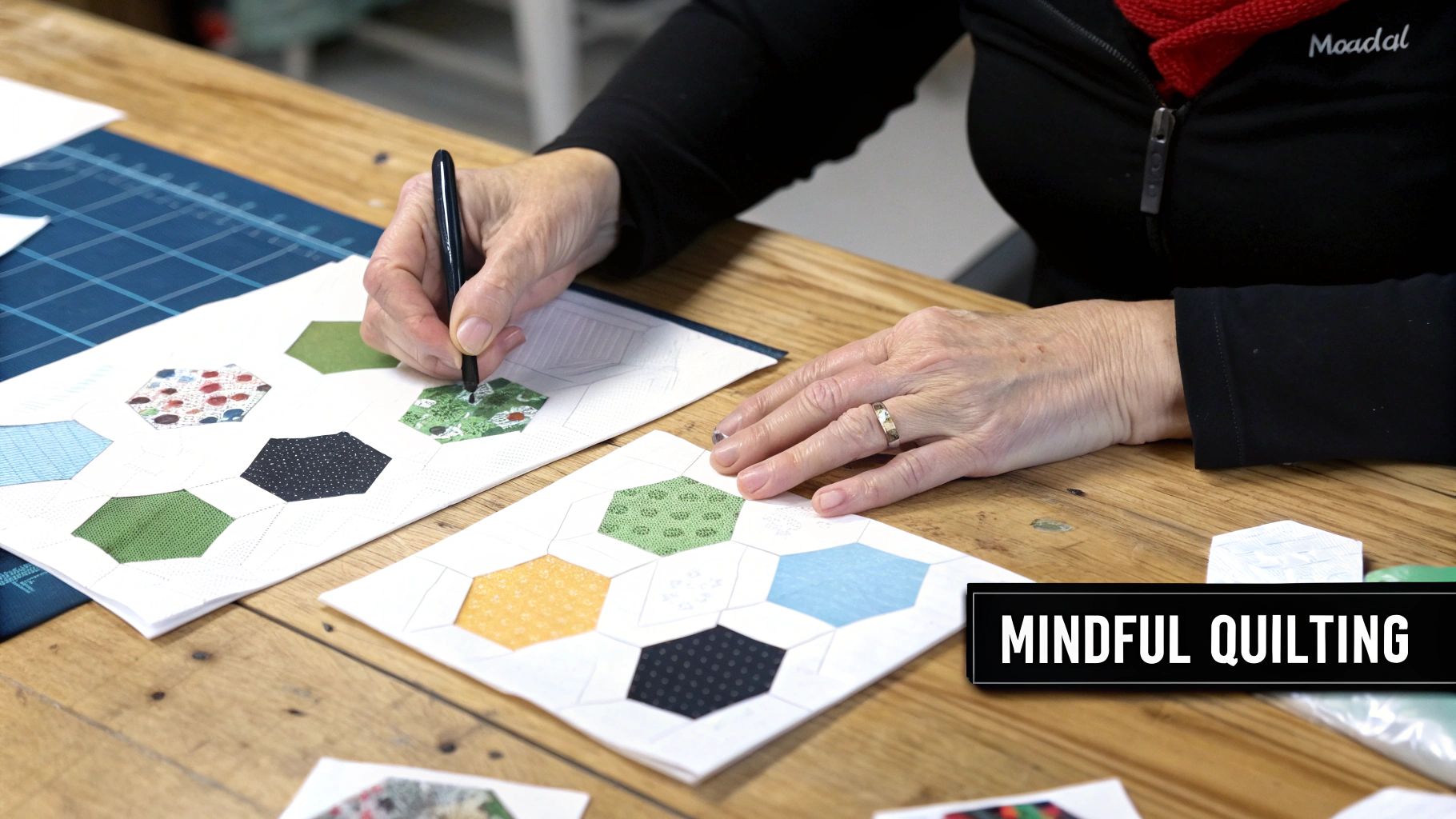 A close-up of colorful hexagon fabric pieces being stitched together for an English paper piecing quilt