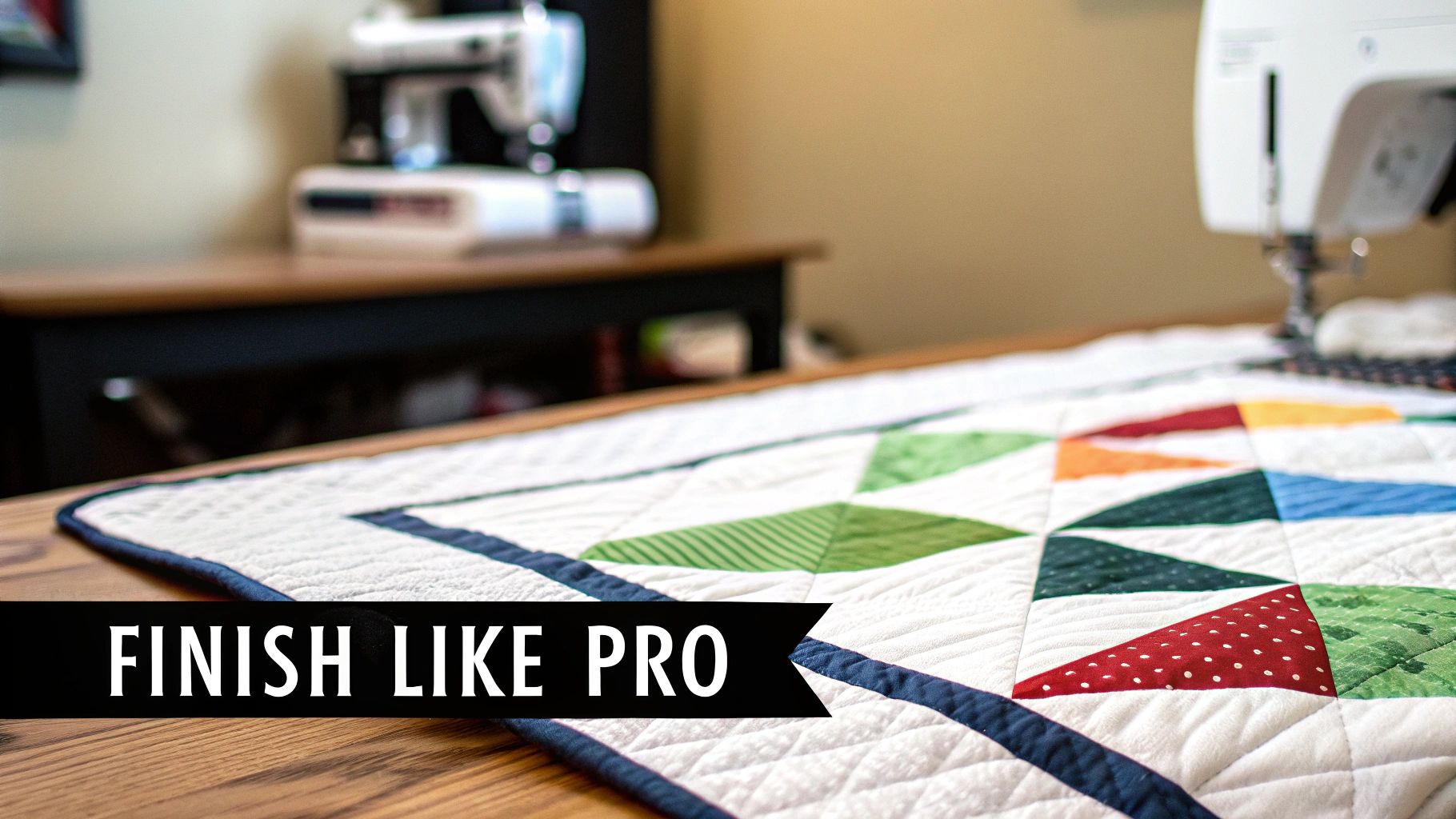 A colorful, geometric patterned quilt on a wooden table, with sewing machines in the background.