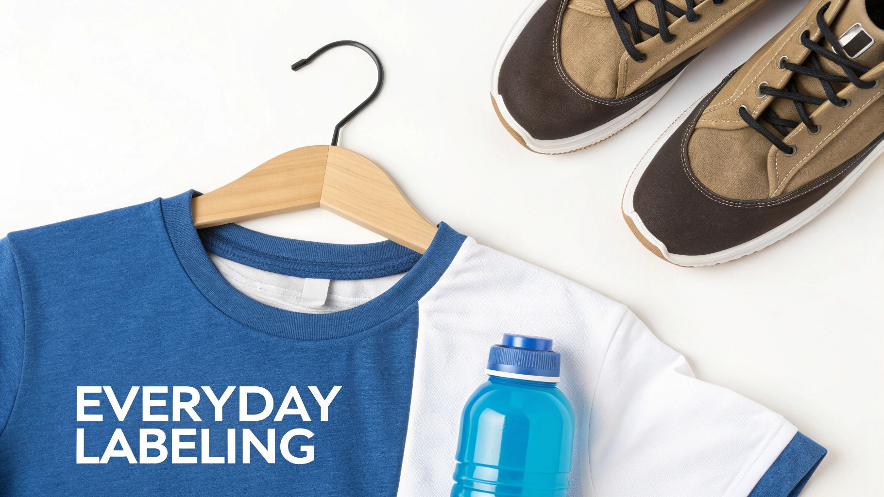 Overhead view of a blue and white t-shirt with 'EVERYDAY LABELING', sneakers, and a water bottle.