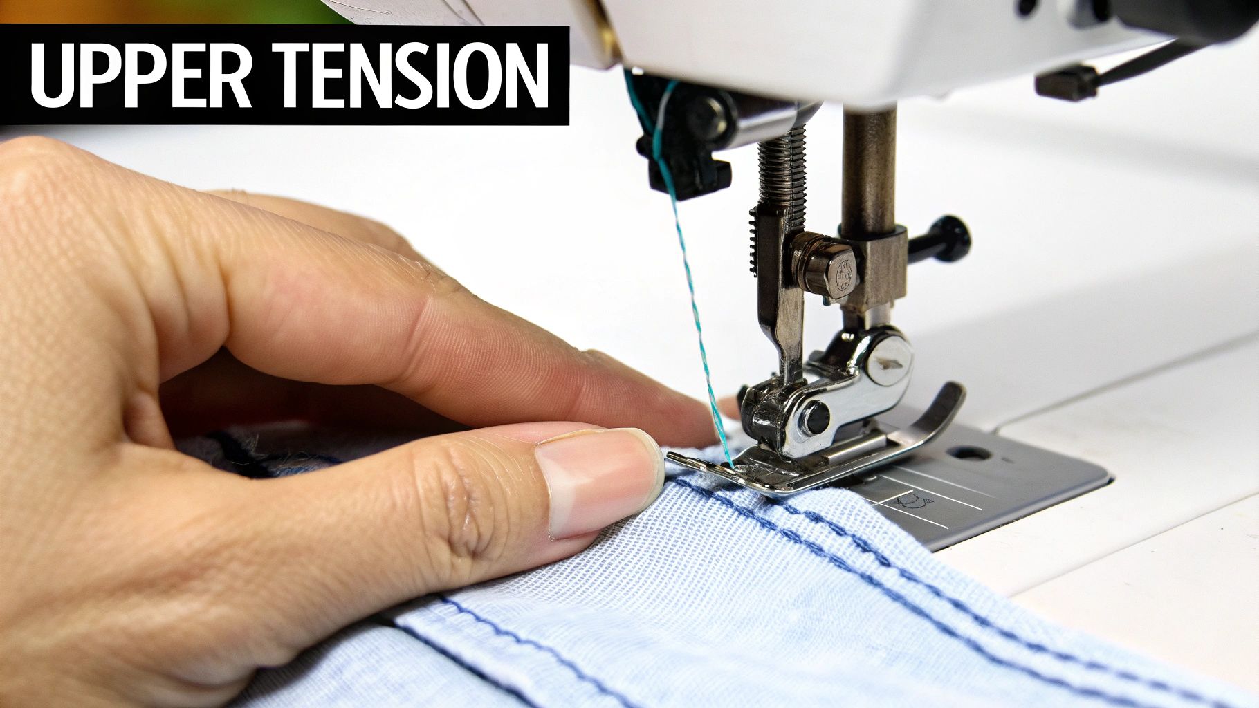 A person adjusting the tension dial on a sewing machine