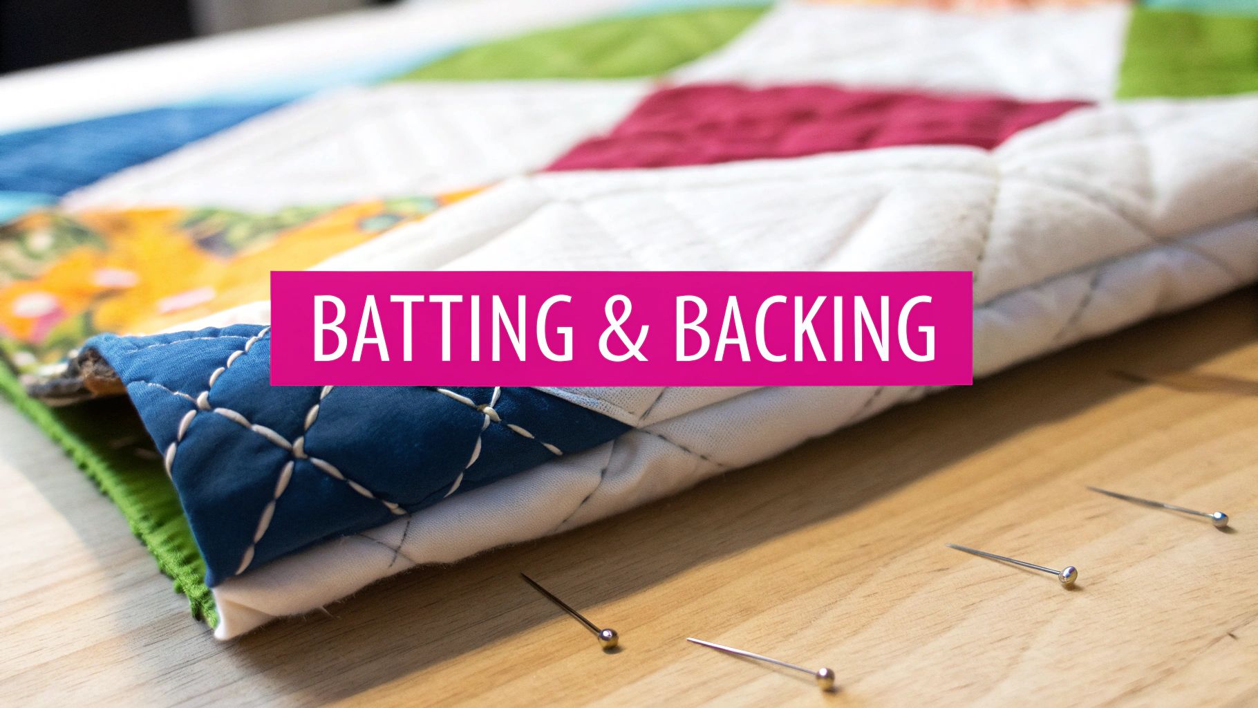 Several rolls of different quilt batting materials stacked on a shelf.