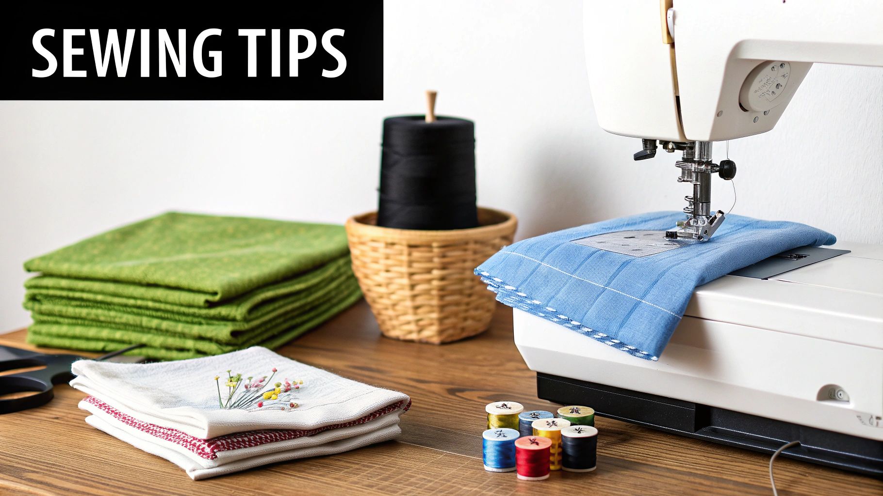 A sewing machine, various fabrics, colorful threads, pins, and scissors on a wooden table with 'SEWING TIPS' text.