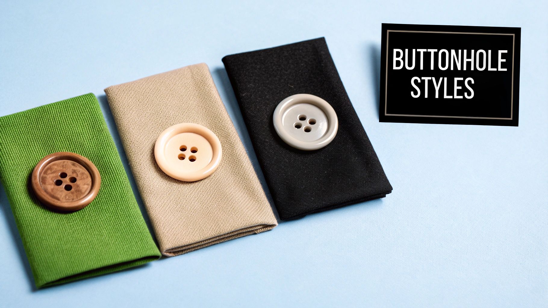 Three folded fabric samples in green, beige, and black, each with a large four-hole button, beside a 'BUTTONHOLE STYLES' sign on a light blue surface.
