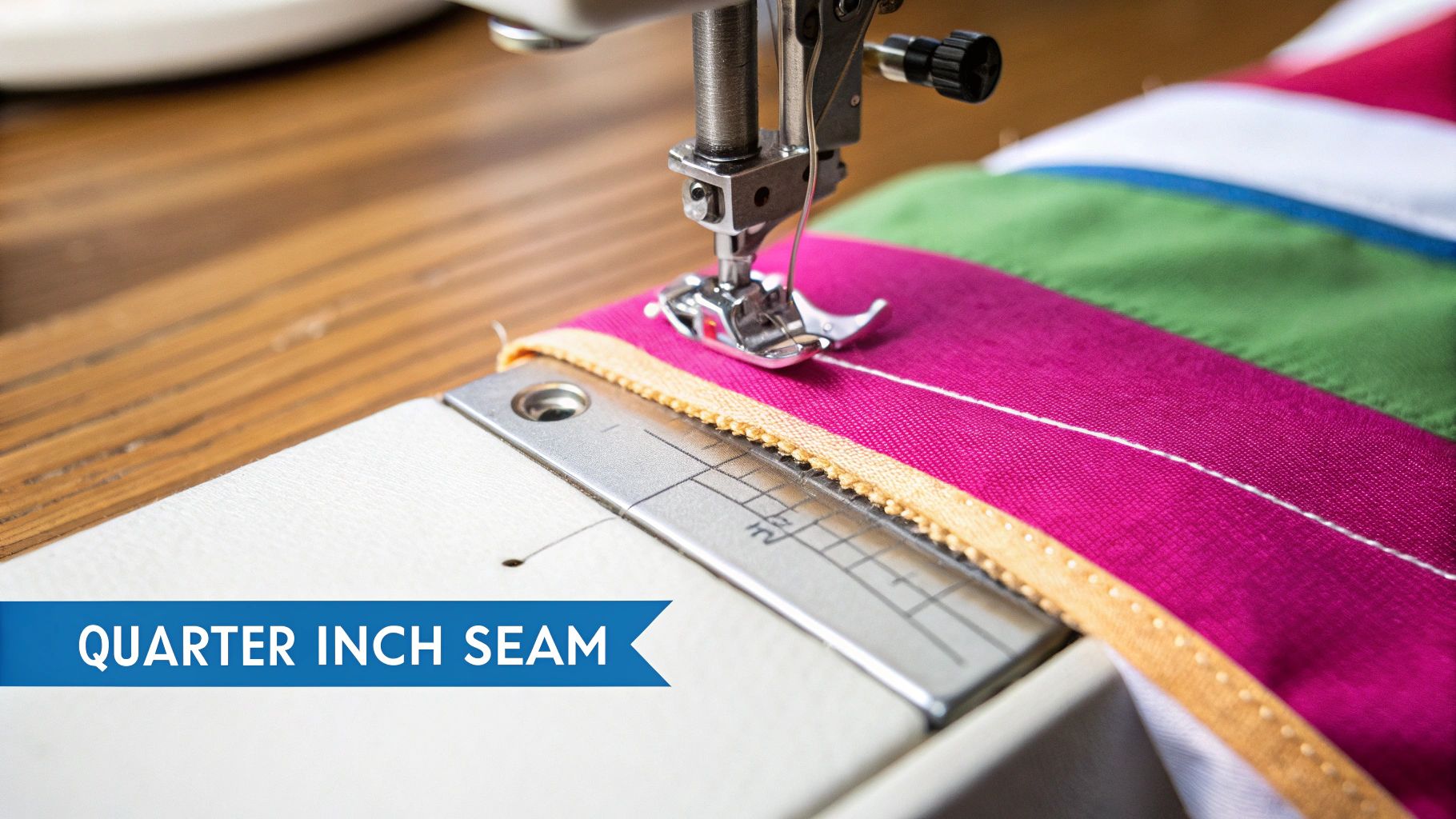 A close-up shot of a sewing machine foot perfectly aligned with fabric, showcasing a precise 1/4 inch seam being sewn.
