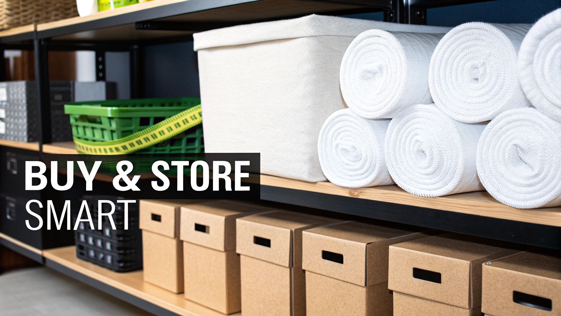 Organized shelving unit displaying storage boxes, rolled towels, and a basket with 'BUY & STORE SMART'.
